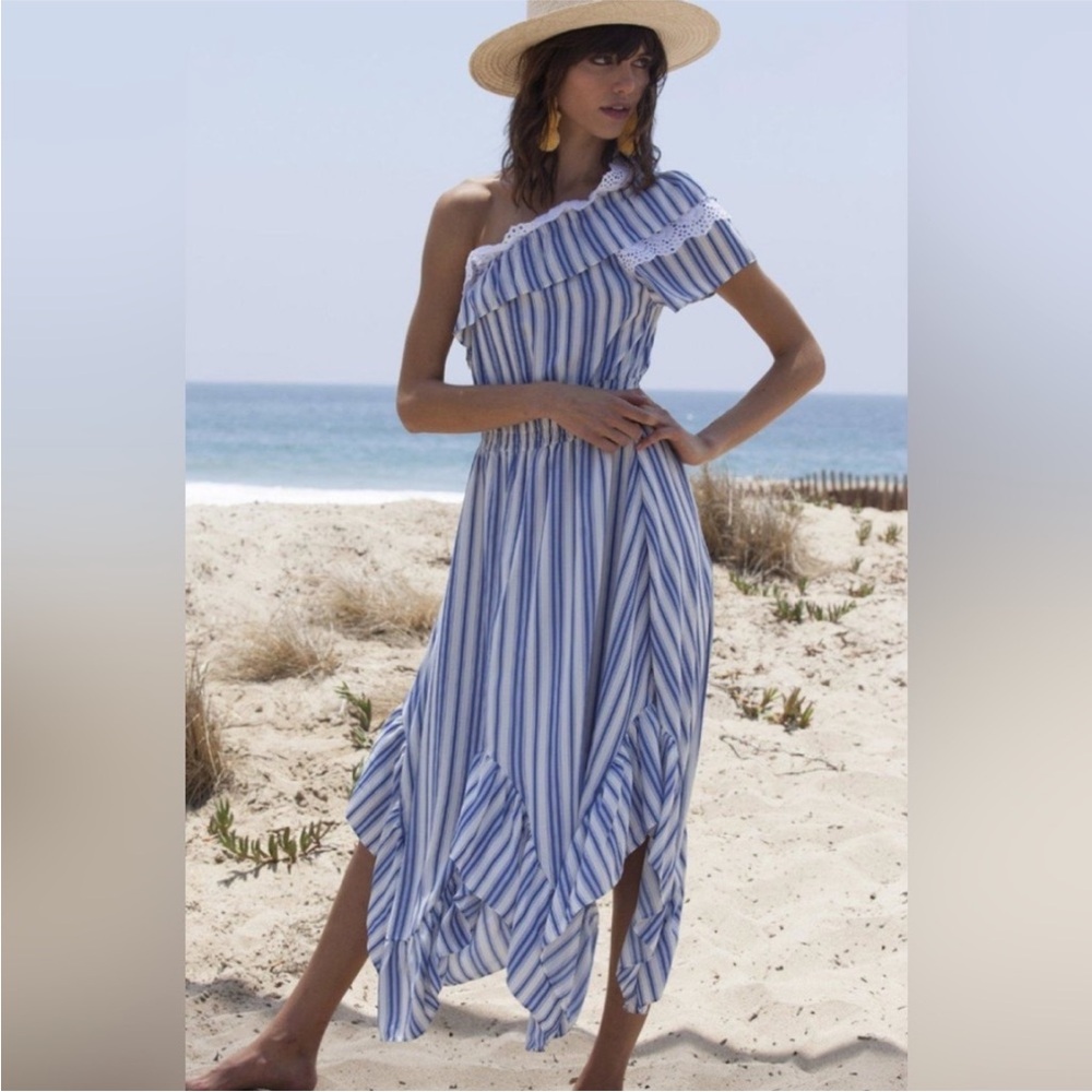 MISA Los Angeles Riya Dress One shoulder ruffle tiered midi dress Blue Stripe XS